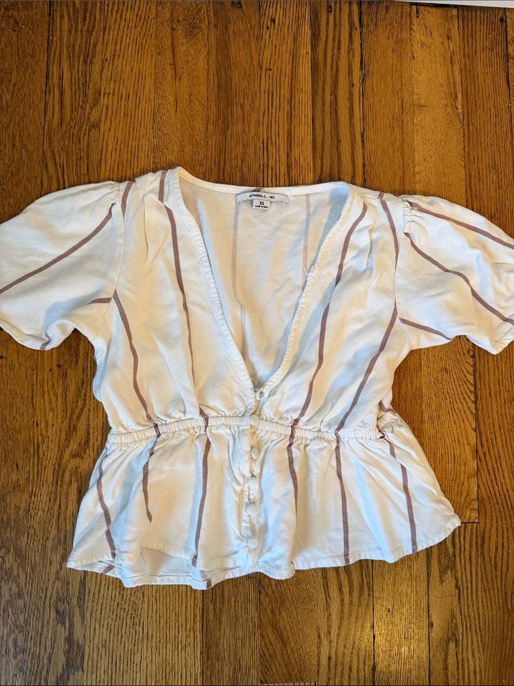 O'Neill White Blouse with Mauve Stripe Peplum